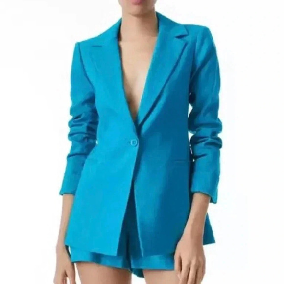Alice + Olivia Pailey Fitted Notch Collar Blazer - Ocean Blue Linen - Size 0 - Picture 3 of 14